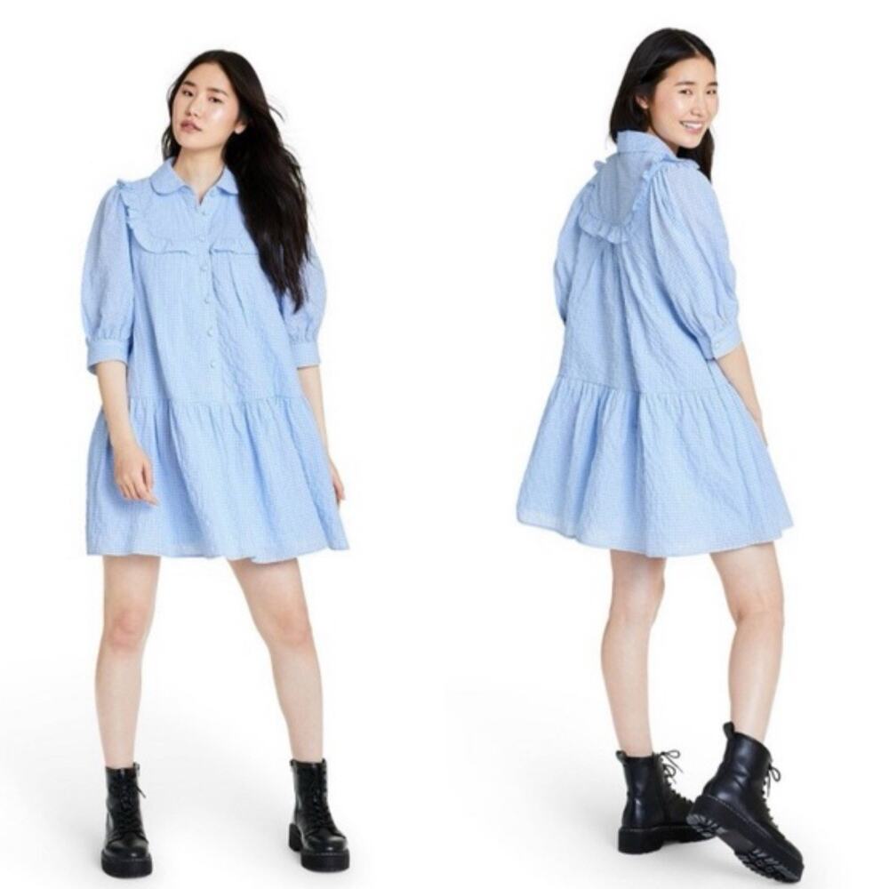 Sandy Liang x Target Gingham Dress Blue White Size M Preppy Chic Cottage Core